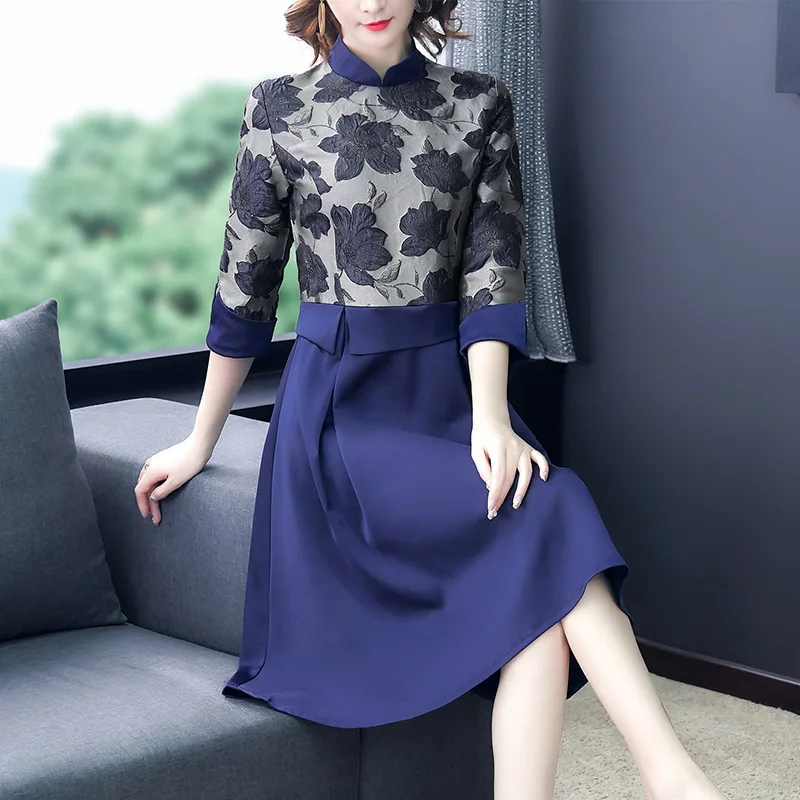 

Stand Collar Joint Jacquard Dress Women's Autumn 2019 New Style Waist Hugging Slimming Elegant Three-quarter-length Sleeve Skirt