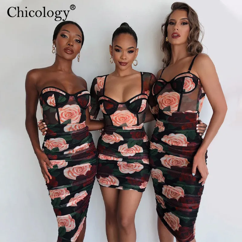 Женское платье с длинным рукавом Chicology Бандажное платье-мини цветочным принтом