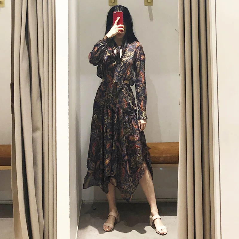 

Women Vintage Print Mid Calf Irregular Dress Female Casual Asymmetric Dresses Vintage Waist Hollow Out Dresses