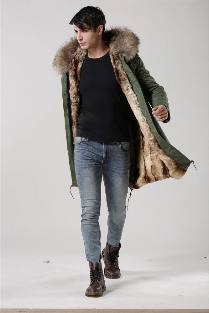 Зимняя Толстая теплая длинная парка Лидер продаж итальянская мужская куртка с воротником из натурального меха енота с искусственным кроличьим мехом Зимние мужские пальто - Цвет: 3