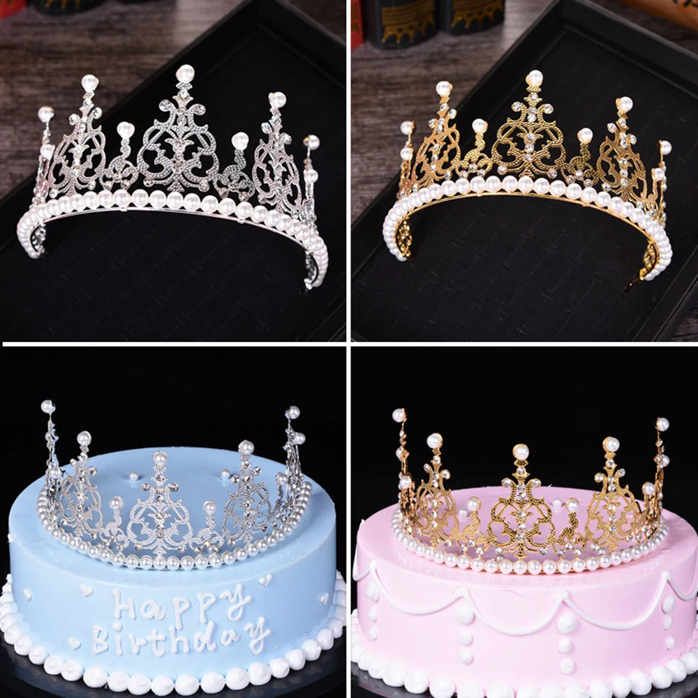 Shining Mini Metal Crown Pearl Birthday Topper Wedding Cake /& Engagement Decor