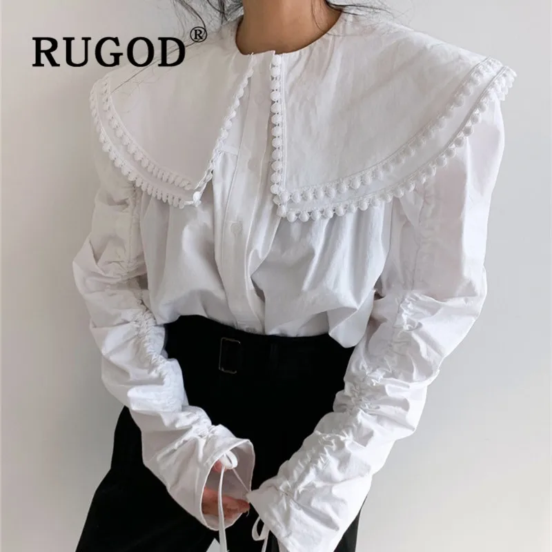 RUGOD Весенняя блузка с кукольным воротником, женские блузки с длинным рукавом, элегантный топ, корейская модная одежда, женские рубашки, белая рубашка