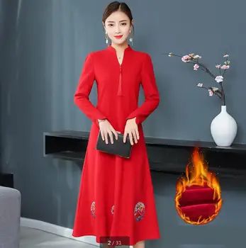 

2020 Winter Women's Warm Thicken Long Dresses Woolen Bottom Red Black Embroidery V-neck Plus Size 4xl Vestidos Women Dress Tasse
