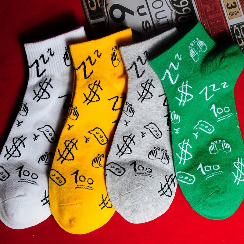 Носки для взрослых, короткие, из хлопка, с рисунком, ручная роспись, рисунок, ZZZ, руль, обе руки, бумажная валюта, символ денег