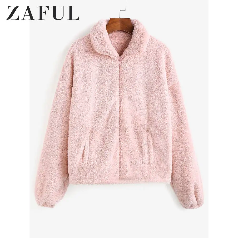 ZAFUL, одноцветная Свободная куртка из искусственного меха для женщин, теплые карманы с широкой талией, с заниженным плечом, на молнии, с отложным воротником, топы на осень