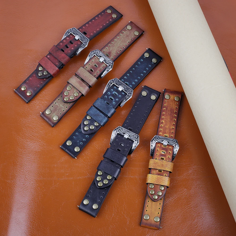 Rivet Leather Watch Strap Handmade Vintage Genuine Leather