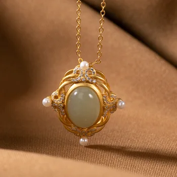 

Natural green jade pendant necklace handcarved jasper jade pendants chain with gold s925 sterling silver jade jewelry pearl
