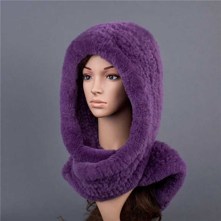Стильный двусторонний вязаный шарф из кроличьего меха, шапка, зимний женский теплый вязаный натуральный мех кролика Рекс, шарфы с капюшоном - Цвет: Color 6