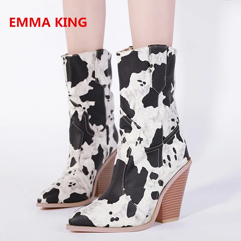 

2019 Winter Cow Print Spike High Heel Mid-Calf Boots Women Pointed Toe Leather British Short Booties Slip-On Fashion Shoes Woman