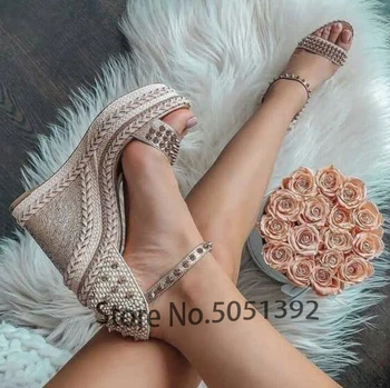 

Woman Wedges Rivet Sandals Open Toe One Strap Braided Ankle Strap Dress Shoes Wedding Maid Platform Comfort Summer Spring Shoes