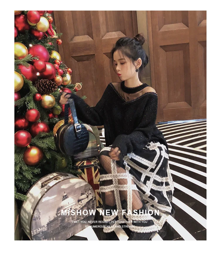 MISHOW autumn plaid pleated skirt women causal elastic waist mesh Mid-length black skirt MX18D1879
