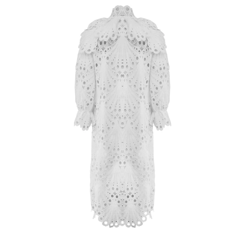 GooliShowsi Fashion Runway Trend Women's Sexy Hollow Out Dress Solid Color Stand Collar Lantern Sleeve Loose Maxi Dresses