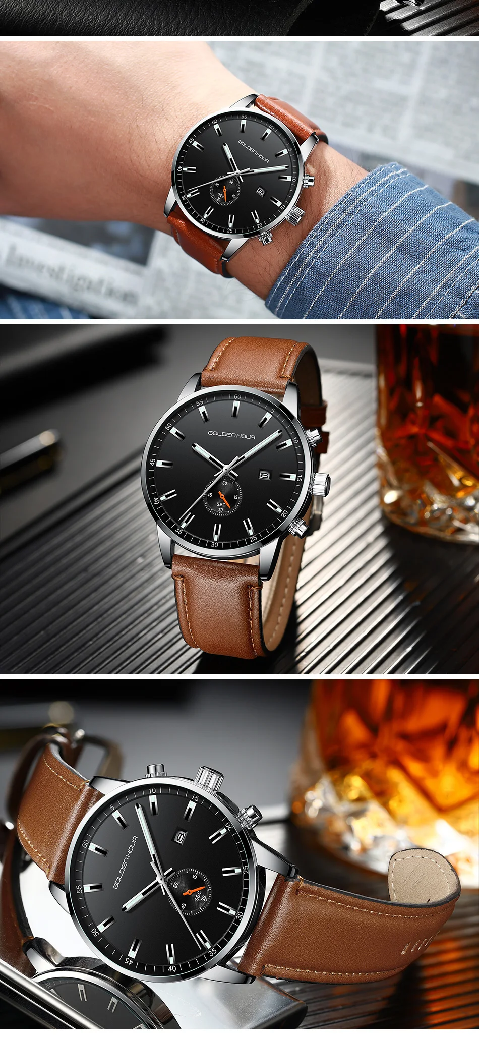 Топ люксовый бренд GOLDENHOUR мужские часы Бизнес водонепроницаемые наручные часы модные кварцевые мужские часы Relogio Masculino