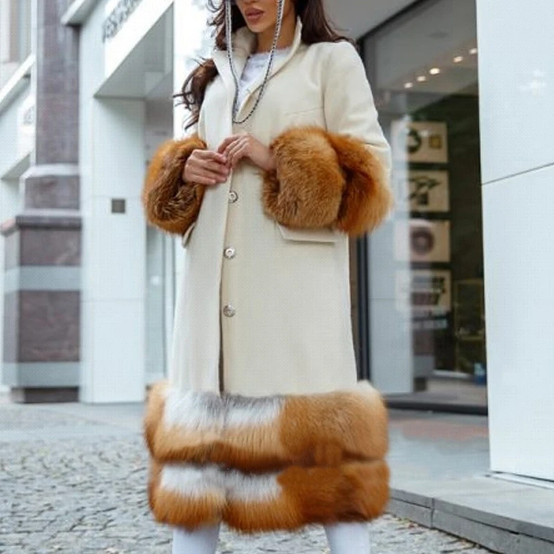 Fandy Lokar Real Red Fox Fur Jackets Women Fashion Cashmere Coats Women Elegant Covered Buttons Long Jackets Female Ladies IAB