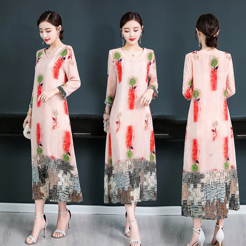 

2019 Summer Wear New Style Korean-style Printed Silk Dress Women's V-neck Mulberry Silk Long Skirts