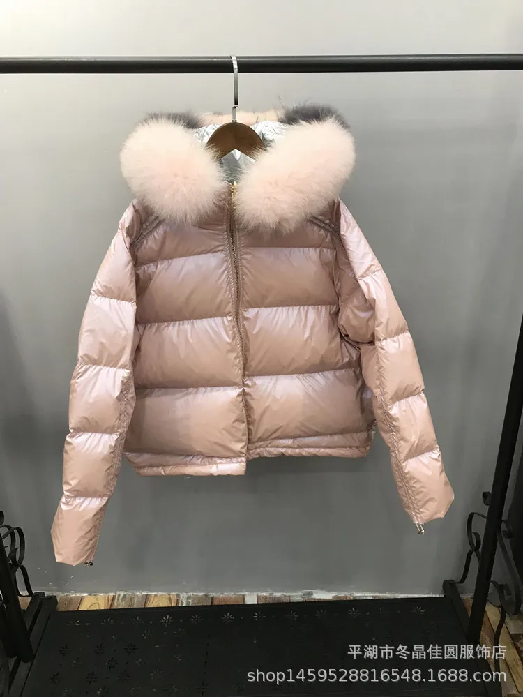 Korean-style New Style Bright Surface Double-sided Wear down Jacket Women's Short Reversible Fox Fur Thick Loose-Fit down C