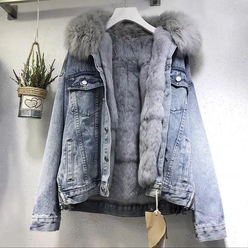 Big Fur Collar Denim Jacket Women Short 2025 Winter New Wild Korean Loose Velvet Thick Cotton Padded Coat Female Jean Coat
