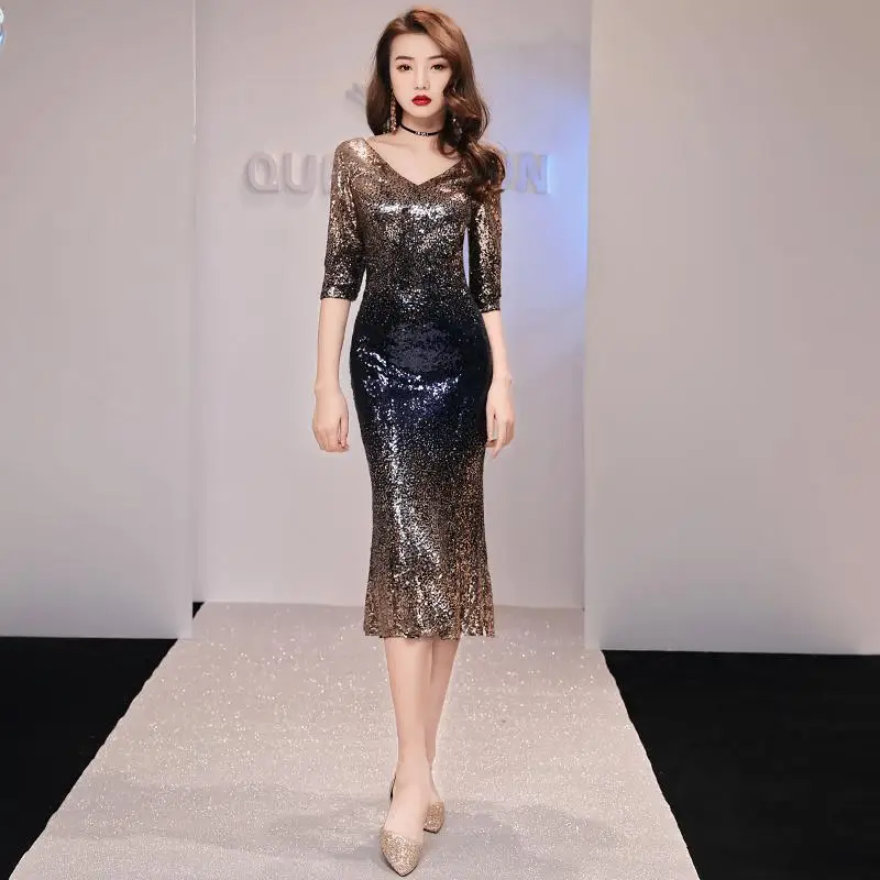 Длинный рукав труба Normcore Qipao Холтер плотный сексуальный женский Cheongsam Градиент блестками Новинка Формальное китайское платье Vestidso - Цвет: Gold D
