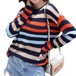 2019 осенний женский свободный пуловер в радужную полоску, свитер, вязанный джемпер, вязаная одежда, весенне-зимние женские вязаные свитера