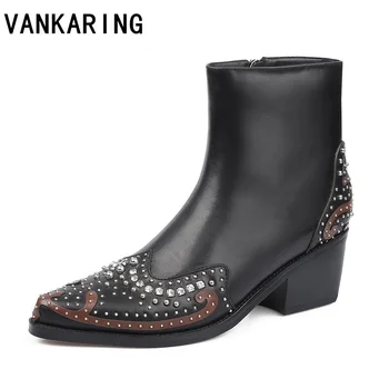 

Europe America Popular punk style autumn cow leather botas mujer cowboy ankle boots for women thick heel western cowgirl boots