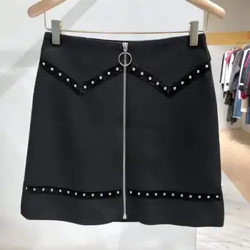 

Women Skirt 2019 Autumn and Winter New Velvet Rivet Decoration Front Zipper Pencil Women's Skirt