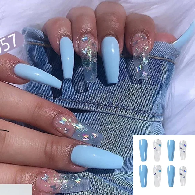 24pcs Long Coffin False Nails Sky Blue Powder Laser Butterfly Manicure Patch Pre Design Acrylic Full Cover Ballerina Fake Nails False Nails Aliexpress