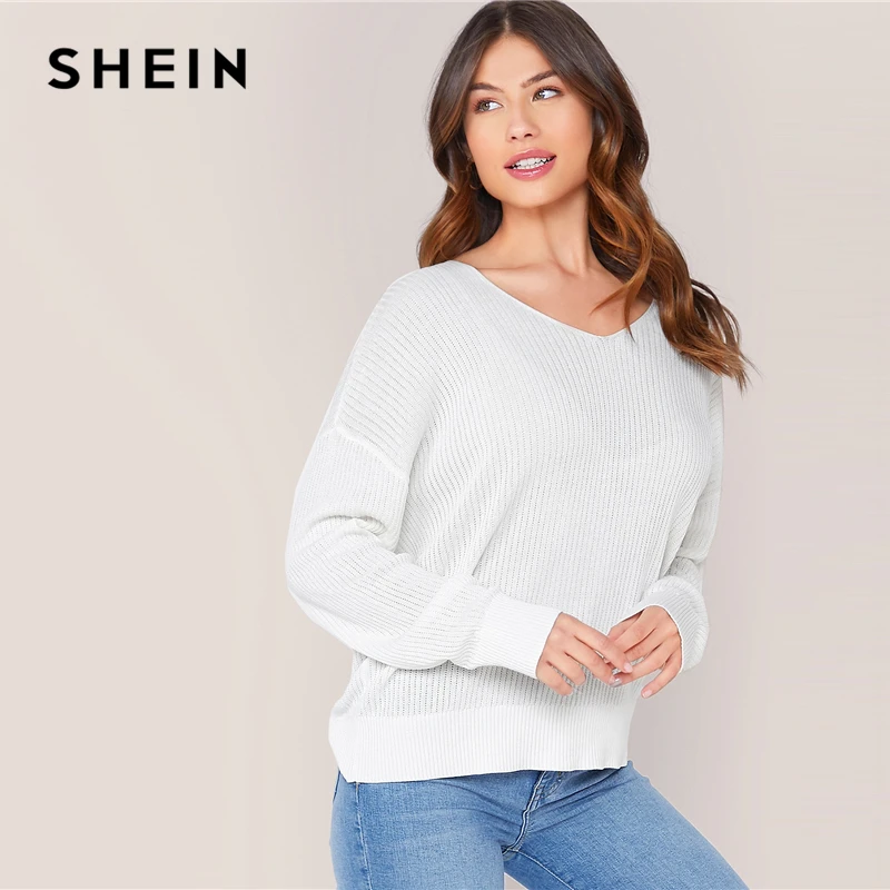 SHEIN белый Однотонный свитер с v-образным вырезом и открытыми плечами женские топы осенние Повседневные базовые офисные женксие кофты с длинными рукавами