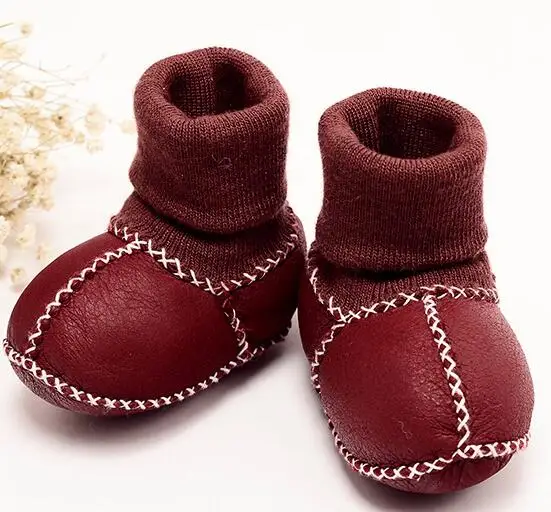 Детские ботинки из натуральной кожи; зимние ботинки с овечьим мехом для маленьких мальчиков и девочек; зимние ботинки с мягкой подошвой для малышей; обувь для малышей - Цвет: wine red