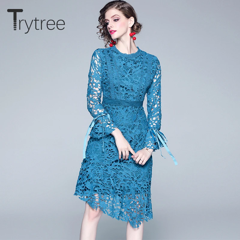 

Trytree 2019 Autumn Women Dress Casual O-Neck Flare Sleeve Lace Hollow Out Dresses Zipper Irregular Hem Office Lady Sheath Dress
