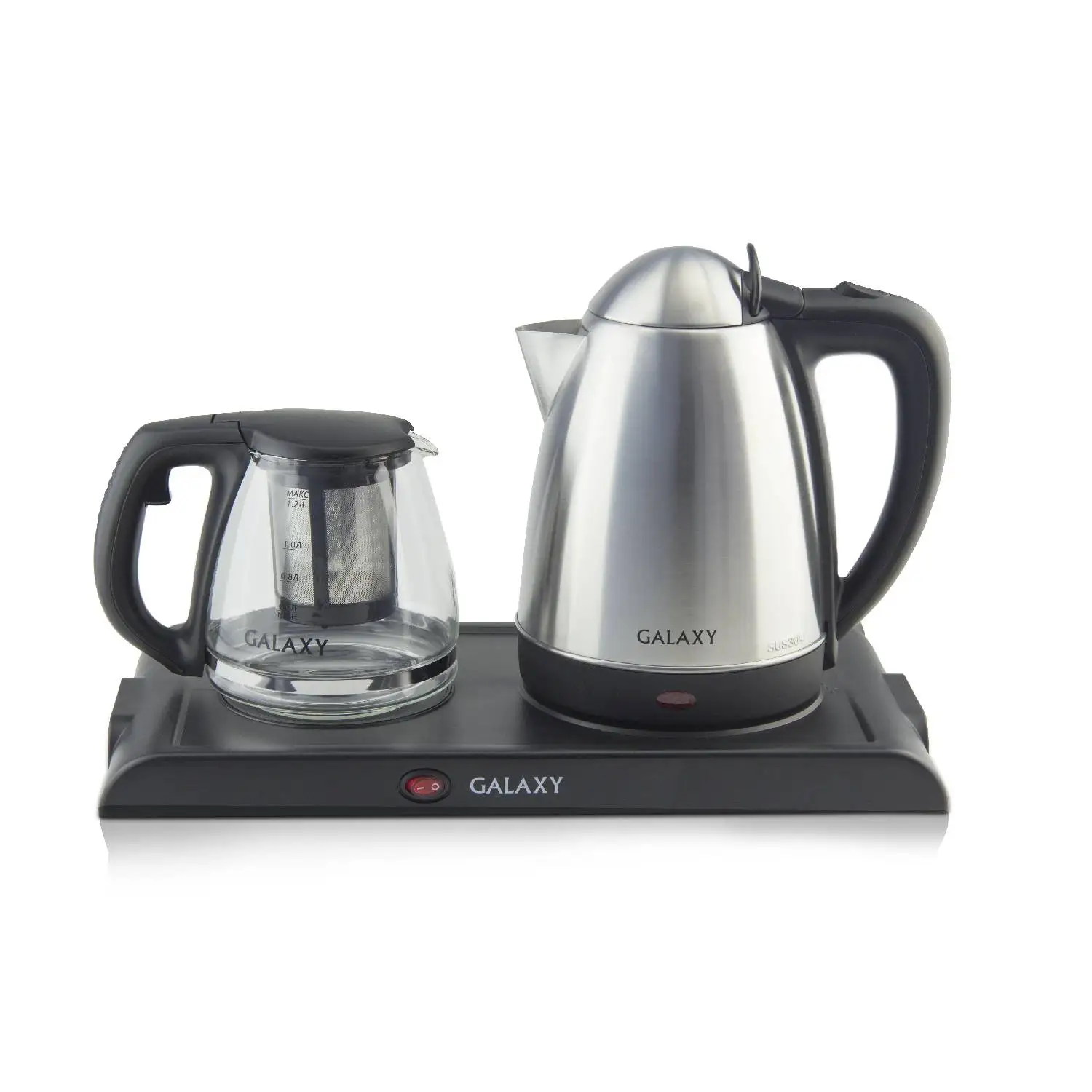 Чайник электрический Galaxy GL 0404 (Набор для приготовления чая, мощность 2200 Вт, чайник из нерж.стали объемом 1.8 л + стеклянный заварочный чайник 1.2 л, автоотключение, функция поддержания температуры)