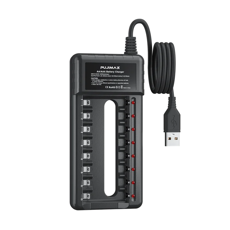 Battery Charger Fast Charger Battery Charger Adapter PUJIMAX 8 Slot USB Output Fast Charging Battery Charger Short Circuit Protection for AA/AAA/Nimh Rechargeable Batteries