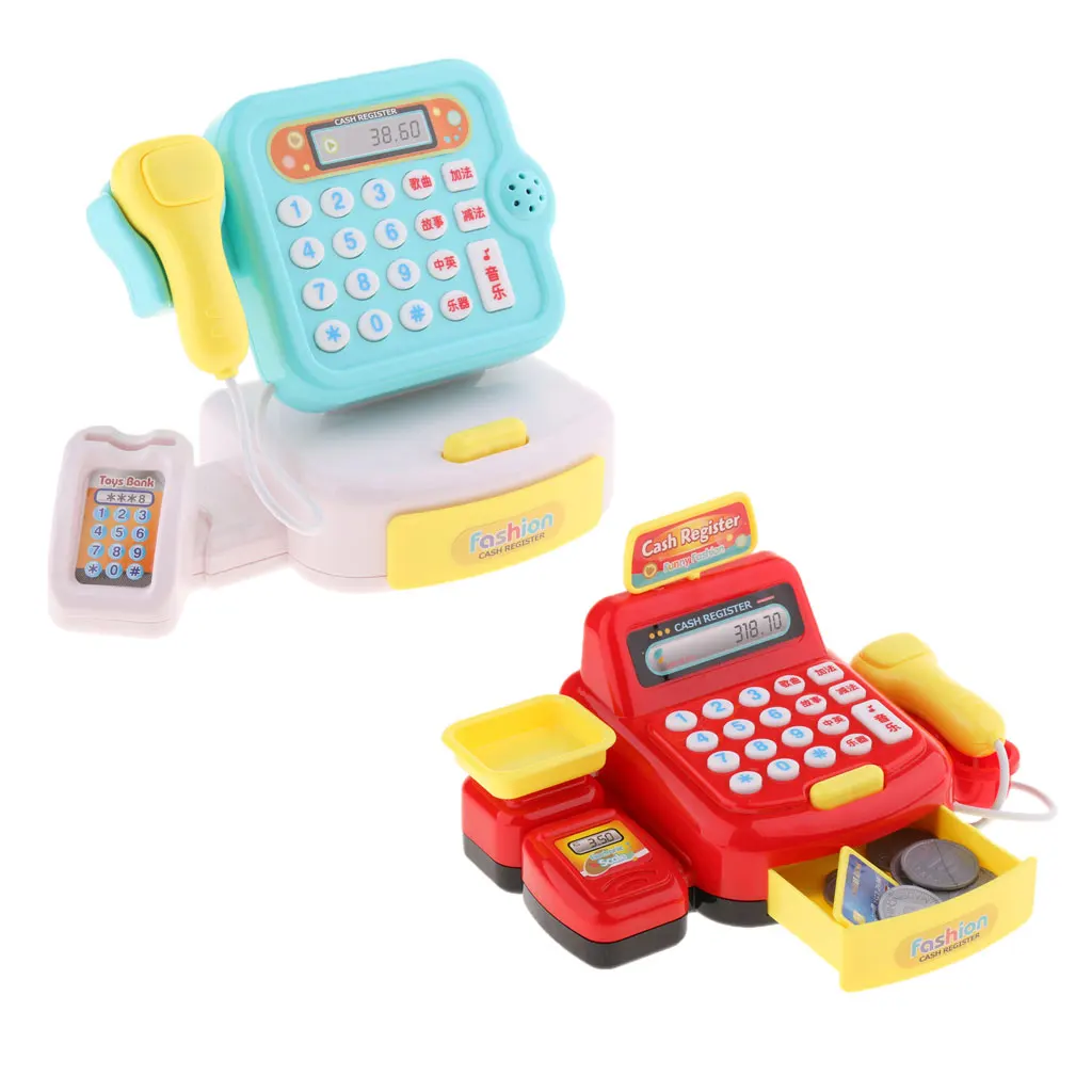 Durable Cash Register Toy for  | with Electronic Sounds, Microphone, Calculator, Cashier Toy, Play Money, & Grocery Toys