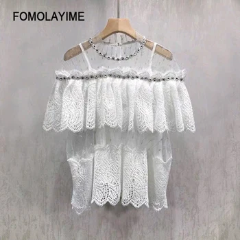 

2020 Spring Latest Women's Tobs Hollow-out Perspective Mesh Yarn Stitching Bright Drill Futtering Edge Tobs