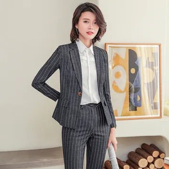 

Temperament Women Striped Pant Suits Business Office Lady Work Uniforms Formal Pants Blazer Sets Two Piece Female Plus Size