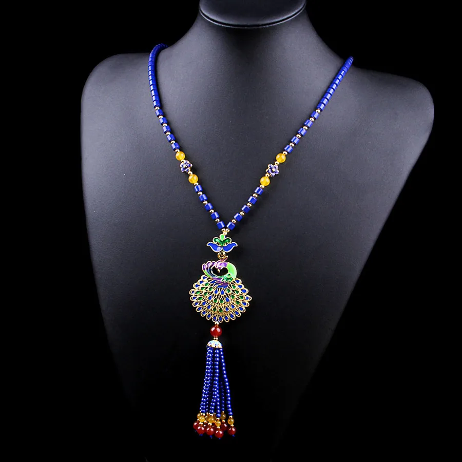 

Lapis Lazuli Jewelry Necklace Long Sweater Chain Wholesale Cloisonne Peacock Accessories Necklace New Natural