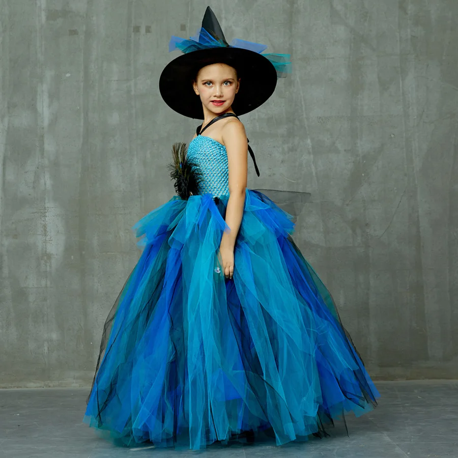 Girls Deluxe Peacock Feather Tutu Dress with Witch Hat Children Fancy Purim Pageant Birthday Party Costume Kids Prom Ball Gown (11)