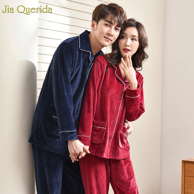 

New Men and Womens Pajama Set Winter Fall Fleece Pajamas Warm Light Velvet Embossing Pattern Elegant Couples Pajamas Christmas