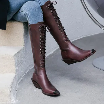 

Prova Perfetto Hand-made Luxury Design Cool Motorcycle Boots Genuine Leather Square Toe Meal Women Boots Lace-up Retro Boots