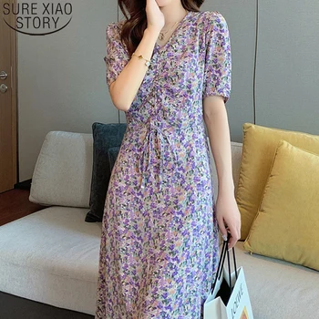 

2020 Dress Women Summer Floral Print Drawstring Korean Silk Short Puff Sleeve V-neck Midi Casual Sweet Vestidos Dresses 9012 50