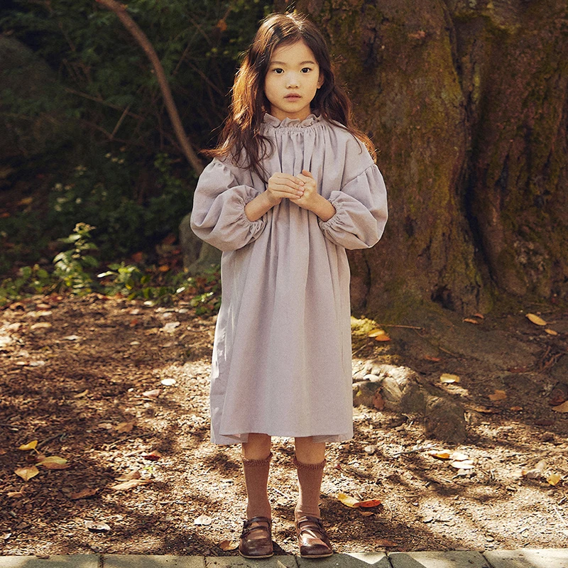 Girls Retro Long-Sleeve Cotton And Linen Dress Spring Autumn Children Lantern Sleeve Casual Loose Princess Dresses