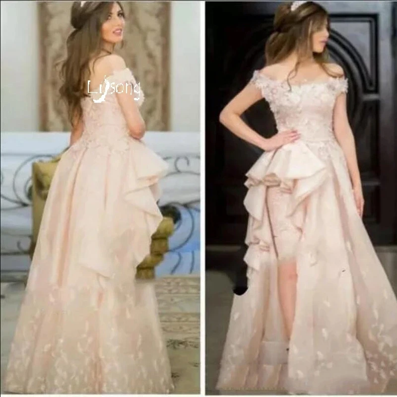 Pretty Blush Pink Flower Evening Gowns Ruffles Lace Appliques Sexy Side Split Long Prom Gowns Pretty Formal Dresses
