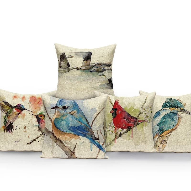 

High Quality Polyester Custom Covers Watercolor Flower Bird Pattern Pillow Covers Home Sofa Car Bed Living Room Pillowcase