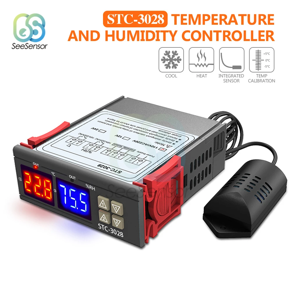 STC-3028 12 В 24 В 220 В двойной цифровой регулятор температуры и влажности, регулирующий термостат для холодильника, термометр, гигрометр