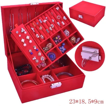 

Red Purple Double Layer Jewelry Storage Box Europe Style Green Pink Ring Earrings Necklace Jewelry Organizer Big Makeup Box