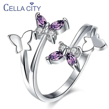

Cellacity korean Butterfly Opening Ring With amethyst gemstone 925 silver women finger ring Anniversary Gifts wholesale