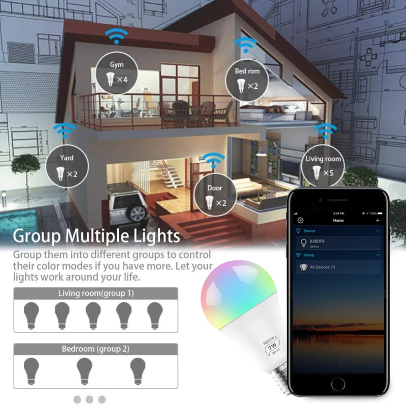 1/2/3/4/5/6/7/8/10 шт. E27 wifi-патрон, умный свет лампы с регулируемой яркостью многоцветный Wake-Up RGBWW светодиодный лампа работает с Amazon Alexa Google Home