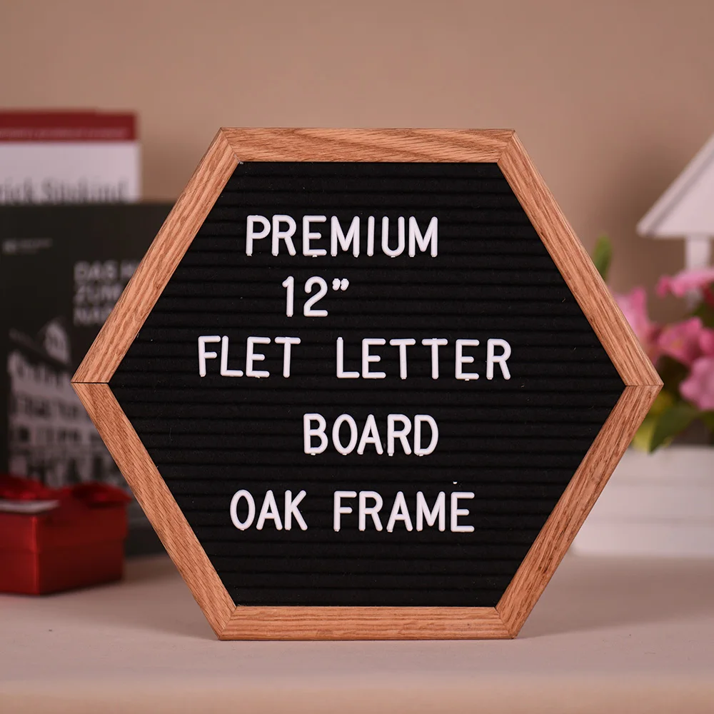 

12" Felt Letter Board Unique Hexagon Sign Message Home Office Decor Board Oak Frame with 290 Changeable White Letters Symbols