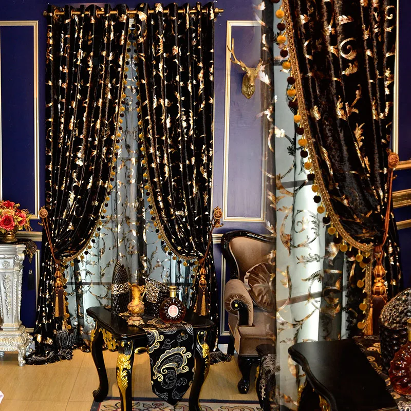 

Hot Brand Luxury Black White Velvet Bronzing Flower Blackout Curtains Volie Guaze Tulles for Villa Club Living Room Windows