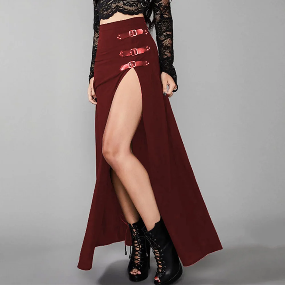 Rosetic Sexy Punk Women Maxi Skirt High Waist Split Design Buckle Gothic Black Vintage Party Red Elegant Long Skirts 2020 Fall