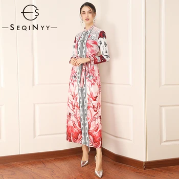 

SEQINYY Elegant Long Dress 2020 Summer Spring New Fashion Design Long Sleeve Women Red Flower Bird Print Straight Dress Belt